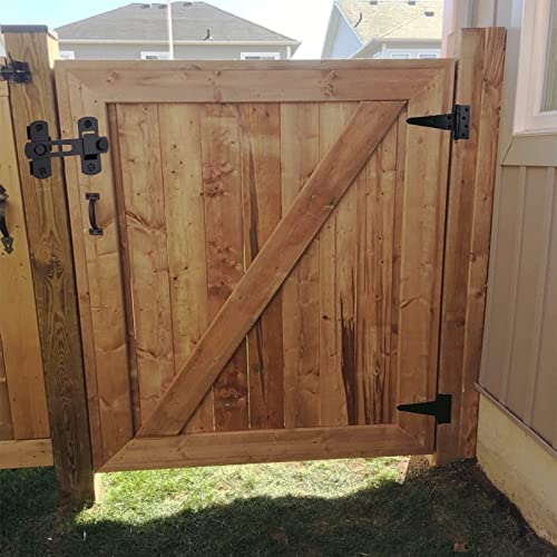 Barn Gate Latch Door Tee Hinge Hardware Kit, 2 Pack Barn Flip Latch Lock and 4 Pack 4inch T-Strap Gate Hinges,Black Finish Gate for Wood Vinyl Fence Gate Shed Door,Farm,Garden，Gate,Closet Door