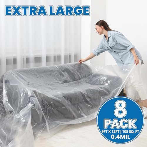8 Pack Plastic Drop Cloth, 9 x 12 Feet Plastic Sheeting, Painter's Sheeting & Tarps for Painting, Dustproof Painters Plastic Tarp for Furniture Cover - color: 8p