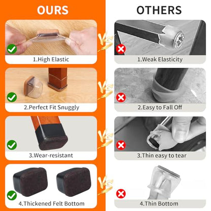 Ezprotekt 24 Pcs Rectangle Clear Silicone Chair Leg Floor Protectors Caps, Rectangle Felt Furniture Leg Pads Covers Cups for Chair Table -Anti-Scratches and No Noise (Fit L :1.3-1.7", W: 0.9-1.2") - size: L-Rectangle