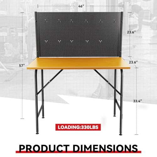 Auto Dynasty Workbench with Pegboard Wood Heavy-Duty Tool Work Bench Max Capacity 330LBS Fits Garage and Workshop, 46.6" x 24.8" x 4.1", Yellow