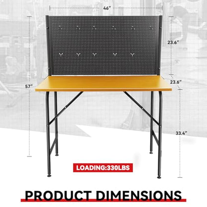 Auto Dynasty Workbench with Pegboard Wood Heavy-Duty Tool Work Bench Max Capacity 330LBS Fits Garage and Workshop, 46.6" x 24.8" x 4.1", Yellow