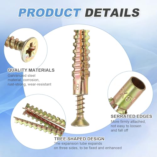 PATIKIL 30 Pcs Drywall Hollow Wall Anchors with Screws 0.2 x 1.57, Steel Dry Wall Anchors Kit for Wooden Concrete Plaster Hinge Hole Repair, Brass (6 x 32mm) - size: 6 x 32mm