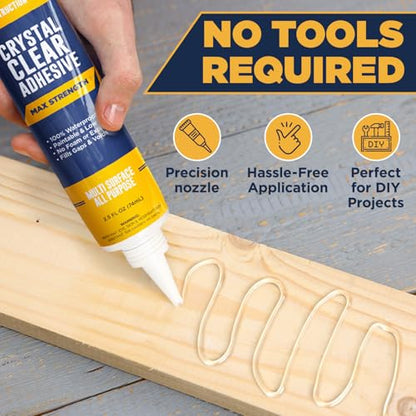 [2-Pack] Clear Construction Adhesive, Max Strength — 2.5 oz Crystal Clear Fast-Drying Waterproof Glue & Sealer for Wood, Tile, Metal, Concrete, Glass & More, Multi-Surface DIY Repair, American Owned