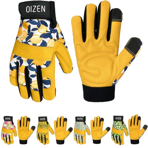 Cowhide Leather Thorn Proof & Puncture Resistant Gardening Gloves for Women and Men, Touchscreen Compatible Working Gloves for Weeding, Digging, Planting, Gardening Gifts for Women (Small) - color: Lemon, 1 Pair, size: Small