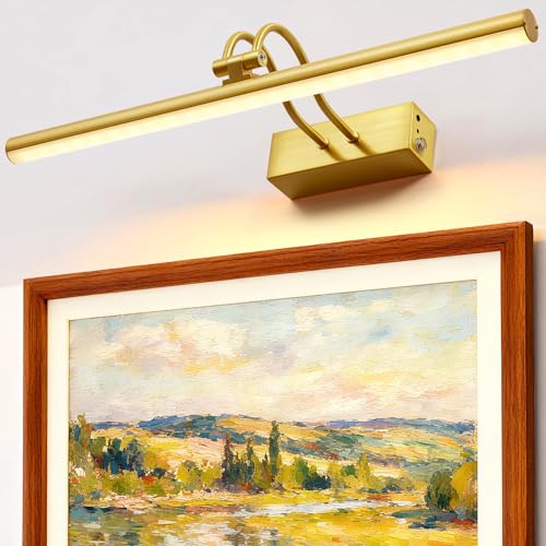 RAIFOOLLY Picture Light, 16 Inch Cordless Picture Lights for Wall with Timer and Dimmable, 5000mAh Battery Operated Wall Lights for Display Gallery Painting Art Frame Portrait - Plated Gold Metal - color: Plated Gold, size: 16"