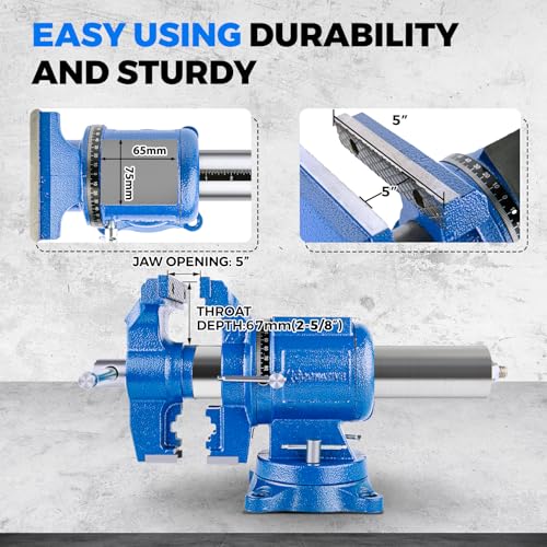 5-Inch Heavy Duty Bench Vise Ductile Iron Bench Vise 360° Multi-Purpose Bench Vice with Anvil, Clamp force 4000KG, Blue - size: 5-inch