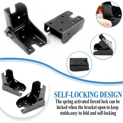 2 Pack Folding Table Leg Brackets, Black Foldable Self-Locking Hinge Extension Support Brackets with Screws for Table Chair Bed Leg Feet Workbench