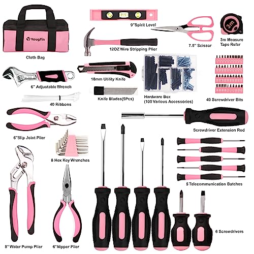 Pink Tool Set, 215 Pcs Lady's General Home Repairing Tools Kit For Girls & Women With Portable Bags, Includes All Essential for Home, Garage, Office and College Dormitory Use, Pink & Black - style: 215Pcs(Pink)