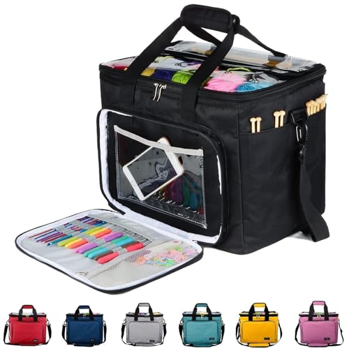 Hoshin Knitting Bag for Yarn Storage, High Capacity Yarn Totes Organizer with Inner Divider Portable for Carrying Project, Knitting Needles(up to 14”), Crochet Hooks, Skeins of Yarn (Black) - color: Black