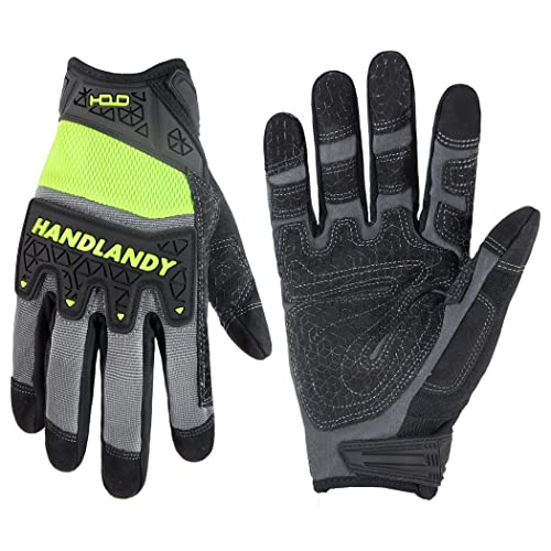 HANDLANDY Mens Work Gloves Touch screen, Utility Mechanic Gloves, Flexible Breathable Fit- Padded Knuckles & Palm - color: Green, size: Large