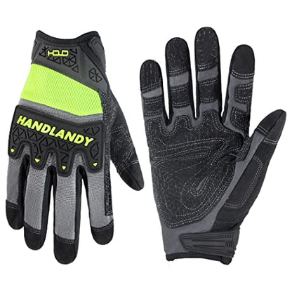 HANDLANDY Mens Work Gloves Touch screen, Utility Mechanic Gloves, Flexible Breathable Fit- Padded Knuckles & Palm - color: Green, size: Medium