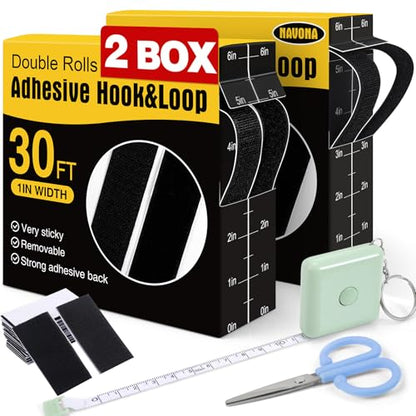 Navona 2 Boxes Heavy Duty Hook and Loop Strips with Adhesive, 60Ft Total x 1 Inch Hook and Loop Tape with Backing for Home, Office, School, and Crafting Projects, Black - color: 1in x 30ft-black-2Boxes