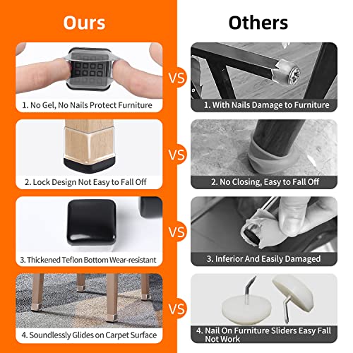 Ezprotekt Chair Leg Sliders for Carpet, 24 Pcs Square Chair Glides for Carpet, Carpet Furniture Pads Stool Leg Protectors Caps, Carpet Furniture Glides Quickly and Easily (M Fit: 0.75" - 1") - size: M - Clear