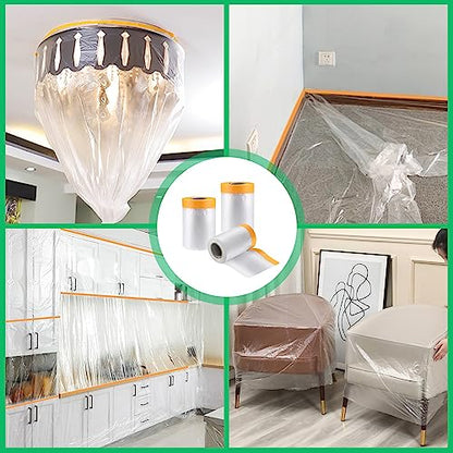 4 Pack Tape and Drape, 3 Sizes Pre-Taped Masking Film for Auto Painting Covering, 65.6 Ft/Pack Plastic Pre-Adhesived Dust Paint Protective Drop Film for Furniture, Car, Floor - size: 3 Sizes x 65.6 Foot - 4 Rolls