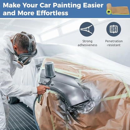 yeesport 4 Rolls Pre-Taped Masking Paper for Automotive Painting - 11.8 in x 49.2 Ft Tape and Drape, Adhesive Paint Protection Film for Walls, Floors, Cars, Frames & DIY Projects (No Residue) - size: 11.8 In x 49.2 Ft