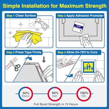 Tapsi Heavy Duty Double Sided Mounting Tape 1" x 9.85FT – Acrylic Foam Tape with 10 Adhesion Promoter Wipes, Waterproof Removable Adhesive for Car Trim, LED Strips, Pictures & Signs