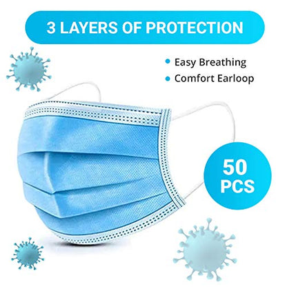 ITA-MED 3 Ply Disposable Face Masks, Protective and Breathable, 50 Count, Blue