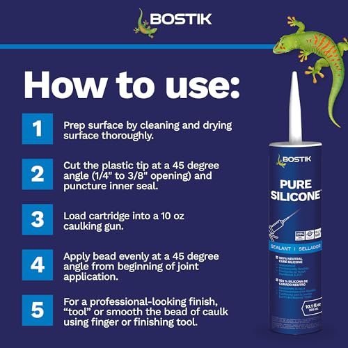 BOSTIK Pure Silicone Clear 10.1oz Silicone Caulk & Sealant for Kitchen & Bath | Professional Grade, 100% Waterproof | Internal/External Use | UV, Mildew, Shrink & Crack Resistant | 1 Cartridge - color: Clear