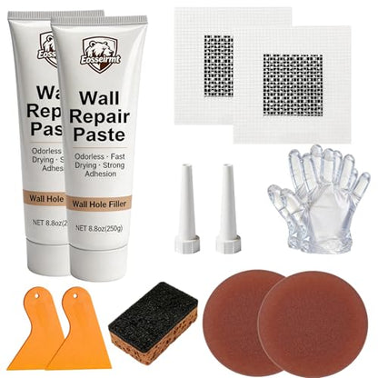 Wall Repair Paste – 2 Pack 250g (500g Total) Spackle for Nail Holes and Cracks, Zero VOC Odorless Wall Filler with 2 Inch Patches, Scraper, Sandpaper, Gloves, Fast Drying Paintable Compound