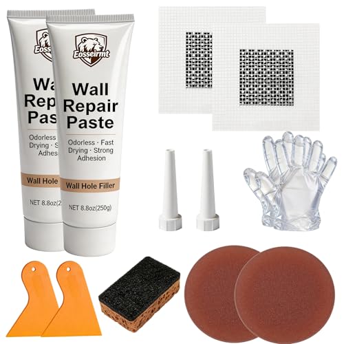 Wall Repair Paste – 2 Pack 250g (500g Total) Spackle for Nail Holes and Cracks, Zero VOC Odorless Wall Filler with 2 Inch Patches, Scraper, Sandpaper, Gloves, Fast Drying Paintable Compound