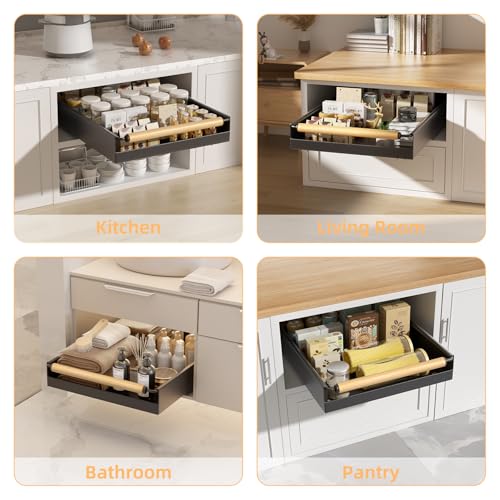 Pull Out Cabinet Organizer, 15.3'' Deep Expandable Slide Out Cabinet Organizer Fixed with Adhesive Nano Film, Slide Out Drawers Pull Out Tray for Cabinet in Kitchen, Pantry, Bathroom, Black - color: Black