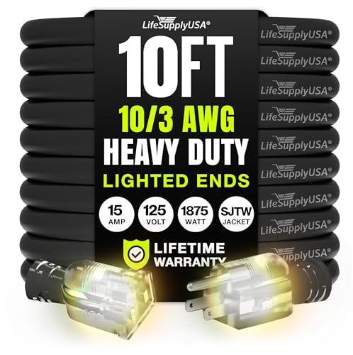 10ft Outdoor/Indoor Extension Cord 10/3 Gauge Ultra Heavy Duty 3 Prong SJTW, Waterproof, Flexible Cold-Resistant Long Power Cord,15A 125V 1875W, Black by LifeSupplyUSA - color: Black, size: 10 FT, style: 10AWG