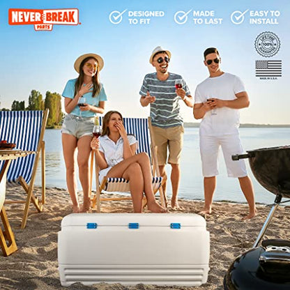 NeverBreak Parts - Igloo Cooler Replacement Parts - Large Repair Kit | High Strength Igloo Cooler Hinges Replacement with Latches | Ice Chest Repair Kit - color: Blue with Blue & Orange Flip-Flops