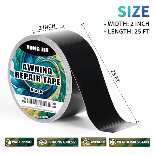 YONGJIN RV Awning Repair Tape, Heavy Duty Outdoor Tent Repair Tape and Tarp Tape, Waterproof Tarp Patch Kit for Camper, Boat Covers, Leather, Canvas, Rubber, Plastic, Heat Resistant (2 inch) - size: 2 Inch
