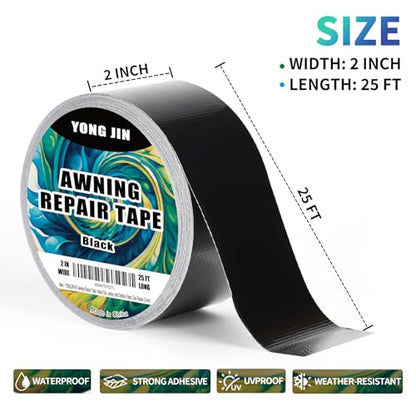 YONGJIN RV Awning Repair Tape, Heavy Duty Outdoor Tent Repair Tape and Tarp Tape, Waterproof Tarp Patch Kit for Camper, Boat Covers, Leather, Canvas, Rubber, Plastic, Heat Resistant (2 inch) - size: 2 Inch