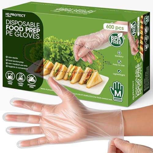 Keppi 600 Pack Disposable Gloves Medium – Clear HDPE Plastic, Food Safe, Latex-Free, BPA-Free – Single-Use for Cooking, Food Prep, Cleaning & Serving - color: Poly Gloves, size: Medium-Large