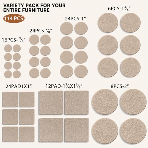 Felt Furniture Pads 114 PCS, 7 Sizes, Felt Pads for Chair Legs, Suitable for Round and Square Chair Legs, to Prevent Scratches, Reduce Noise and Protect the Floor (Beige) - size: 114PCS-Beige