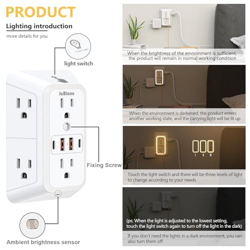 Wall Outlet Extender with Night Light, Power Plug Adapter 6 Outlet Extender with 4 USB Charging Ports 1050J Power Strip Multi Plug Adapter Spaced for Home Travel Office (2U2C) - color: White-1Pcs