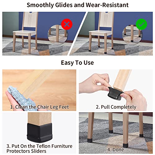 Ezprotekt 24 Pcs Black Chair Leg Sliders for Carpet, Square Chair Glides for Rug, Teflon Furniture Pads Leg Protectors Caps - for Dining Table, Bar Stool, End Table Legs (L Fit:1" - 1.4") - size: L - Black