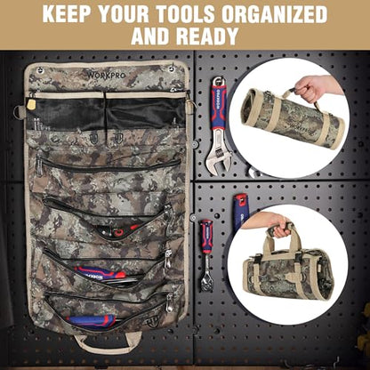 WORKPRO Roll Tool Bag with Detachable Pouches, Heavy Duty Organizer - 6 Pockets, for Mechanics, Electricians, Plumbers & Carpenters - Camo - color: Camo