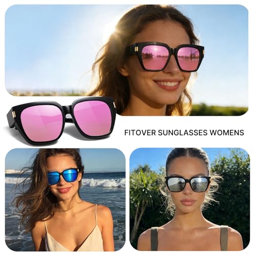 HAOLOTA Polarized Fit Over Glasses Sunglasses for Women Men Trendy Square Wrap Around Shades UV Protection - color: L Size 14 Black/Red