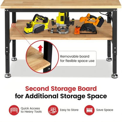 ENJOYWOOD 60" x 22" Heavy Duty Workbench Adjustable Height Garage Work Table with Solid Rubberwood Top, Pegboard & Power Outlets for Workshop, Home & Office - size: XXX-Large