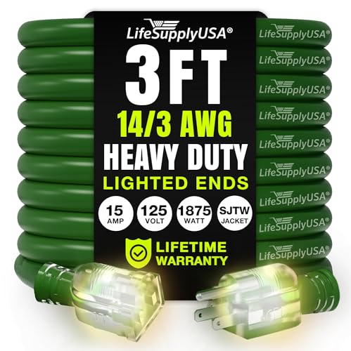 3ft Outdoor/Indoor Extension Cord 14/3 Gauge Heavy Duty 3 Prong SJTW, Waterproof, Flexible Cold-Resistant Long Power Cord,15A 125V 1875W, Green by LifeSupplyUSA - color: Green, size: 3 FT, style: 14AWG
