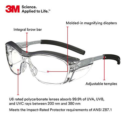 3M Safety Glasses with Readers, Nuvo Protective Eyewear, +1.5, ANSI Z87, Clear Lens, Retro Gray Frame, Soft Nose Bridge, Side Shields - color: Clear Lens (+1.5), Gray Frame, size: +1.5 Diopter