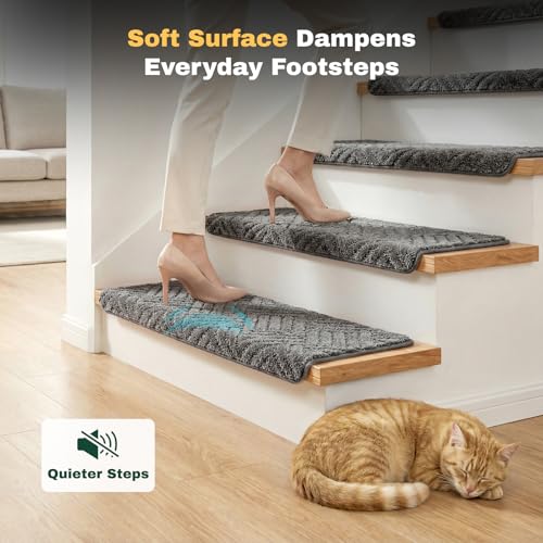 MBIGM Bullnose Non-Slip Stair Treads w/Reusable Adhesive 14 Pack 9.5" x 30" Wooden Steps Protection - TPU Backing with Steel Reinforcement - Anti-Slip Solution Basketweave Dark Gray - color: Dark Gray - Basketweave