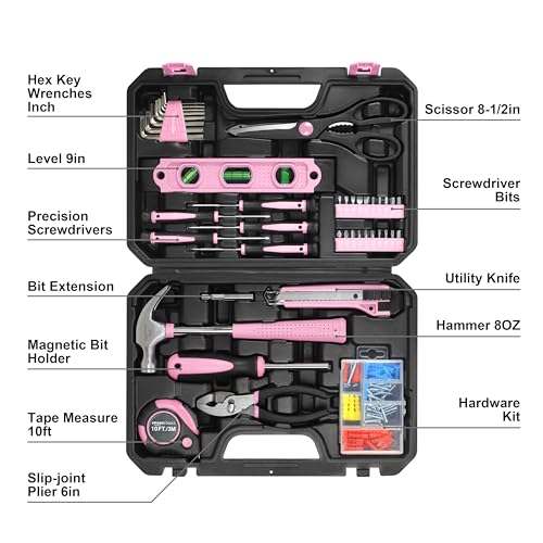 Amazon Basics 142-Piece Household Tool Kit for Home Repair, Hand Tools with Storage Case, 13.39 x 9.25 x 2.95 inch, Pink - color: Pink