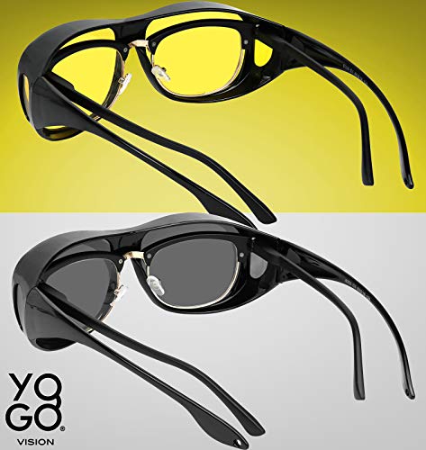 Fit Over Wrap Sunglasses Polarized Lens Wear Over Eyeglasses 100% UV Protection for Men and Women - color: Yellow Night Driving Lens and Silver Mirror Lens