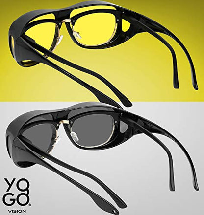 Fit Over Wrap Sunglasses Polarized Lens Wear Over Eyeglasses 100% UV Protection for Men and Women - color: Yellow Night Driving Lens and Silver Mirror Lens