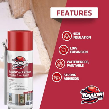 Kraken Bond Gaps & Cracks Expanding Foam Sealant - (12x12oz) High Expansion Polyurethane Spray Foam for Window & Door, Straw Use Waterproof High Yield Gap Filler - 12 Pack - size: 12 Pack