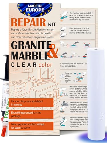 Granite Countertop Repair Kit (Clear Color + Polisher) - Made by Engineers I Also for Marble, Quartz, Acrylic, Fiberglass, Porcelain, Tile & Ceramic Surfaces I Easy Process & Quick Results - color: Clear