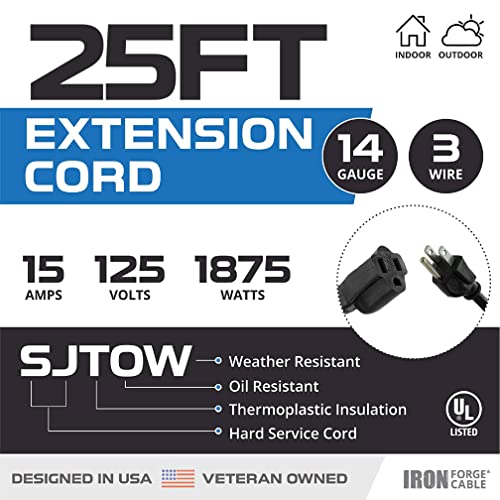 Iron Forge Cable 14 Gauge Outdoor Extension Cord 25 Ft, SJTOW 14/3 Heavy Duty Black Extension Cord 3 Prong, Oil Resistant & Flame Retardant - size: 25 Foot