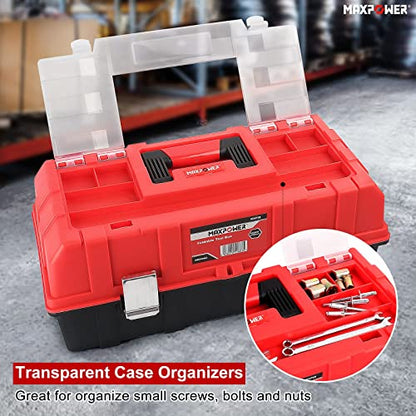 MAXPOWER 16-Inch Tool Box, Three-Layer Folding Plastic Storage Toolbox, Multi-Function Organizer with Tray and Dividers, Tools Box with Stainless Steel Lock