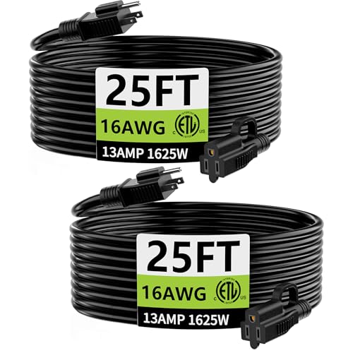HUANCHAIN Indoor Outdoor Black Extension Cord 25 ft 2 Pack Waterproof, 16/3 Gauge Flexible Cold-Resistant Appliance Cable Outside, 13A 1625W 16AWG SJTW, 3 Prong Electric Cord, ETL - color: Black, size: 25 FT-2pcs No velcro, style: 16/3 Extension Cord