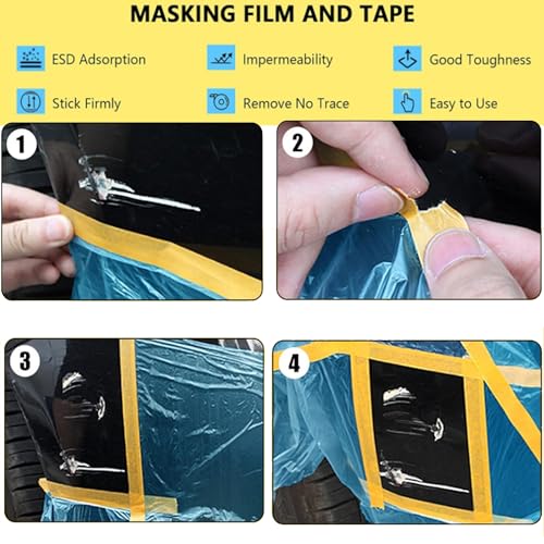 Painters Plastic With Tape,Tape and Drape, Automotive Pre-Taped Masking Film | 1 Roll | Self-Adhesive Painting Drop Film | Plastic Dust Sheets for Decorating, Cars Painting| 60 in x 65 feet