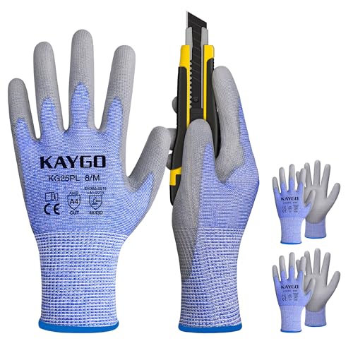 KAYGO Cut Resistant Gloves PU Coated 3 Pairs, ANSI Cut Level A4, Heavy Duty Safety Work Gloves for Industrial, Construction, Warehouse (Medium,Blue) - color: Blue Ansi A4, size: Medium