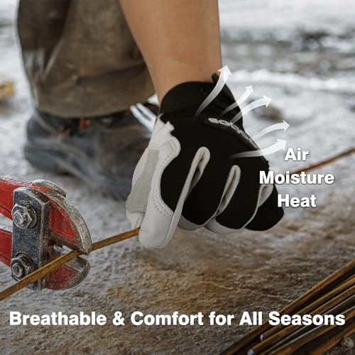 COOLJOB Sheep Skin Leather Garden Gloves with Abrasion Resistant Grip, Thorn Puncture Proof Work Gloves for Landscaping, M-XL - size: X-Large